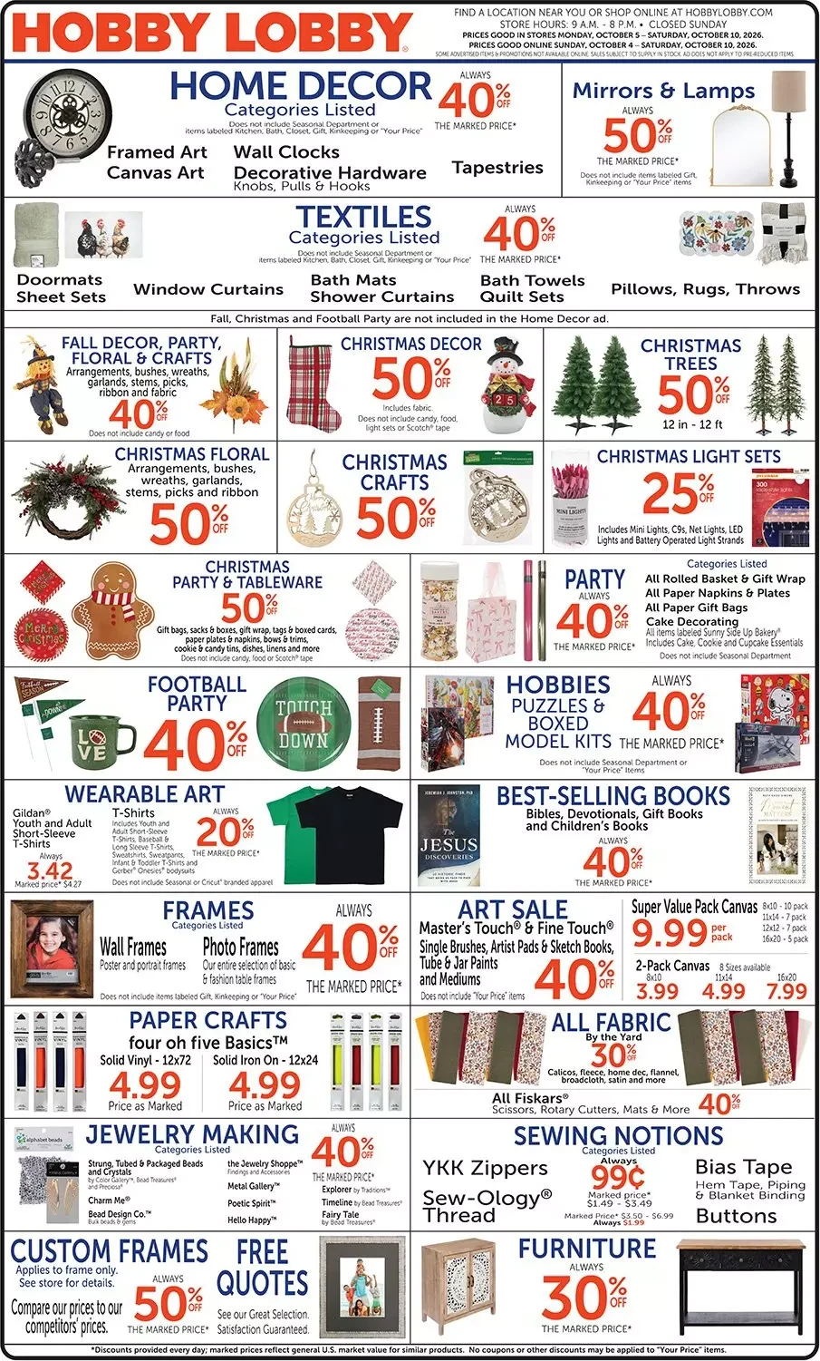 Hobby Lobby Page 1 of 1, weekly ad for Oct 4 - Oct 10, 2026